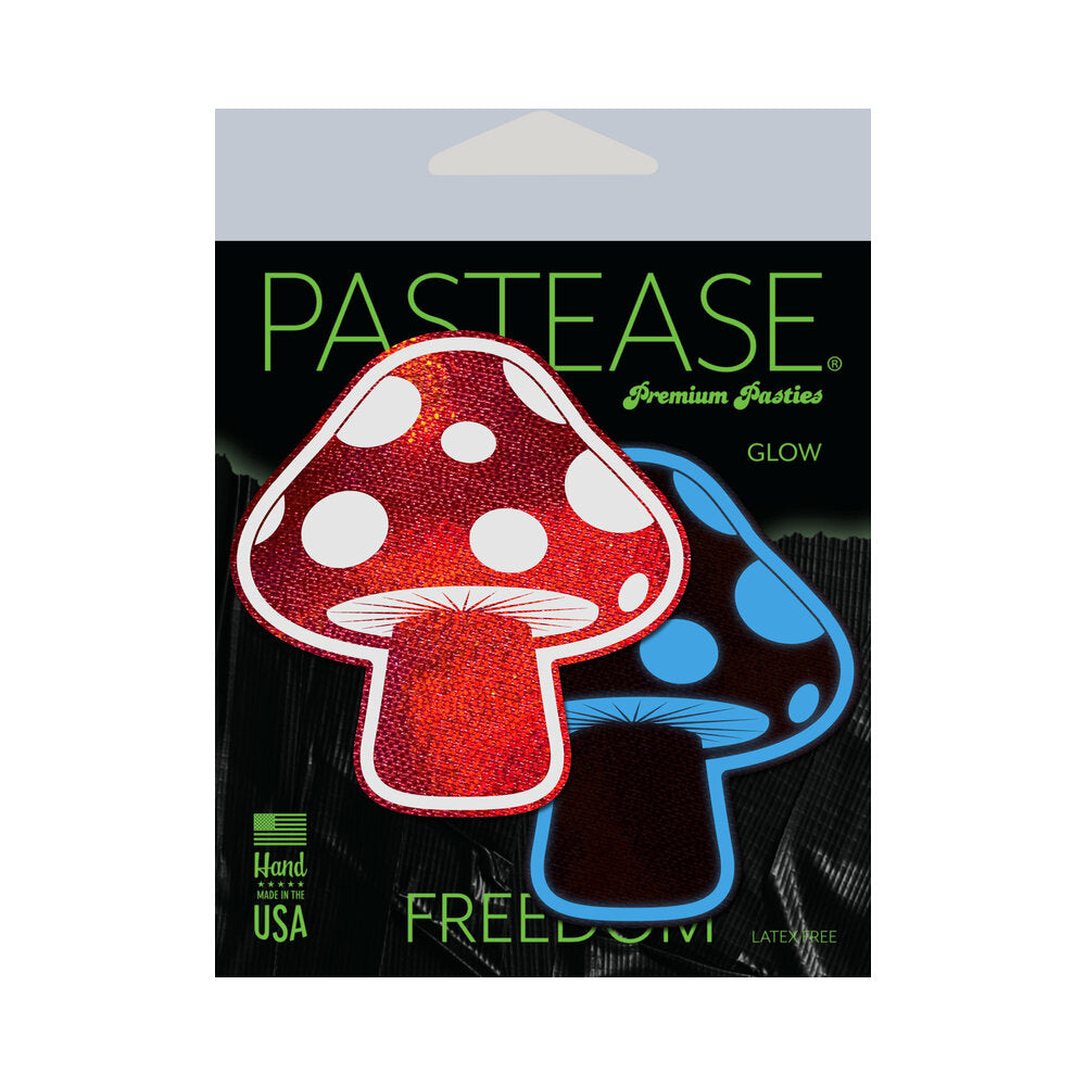 Pastease Mushroom: Shiny Red &amp; White Glow-in-the-Dark Shroom Nipple Pasties