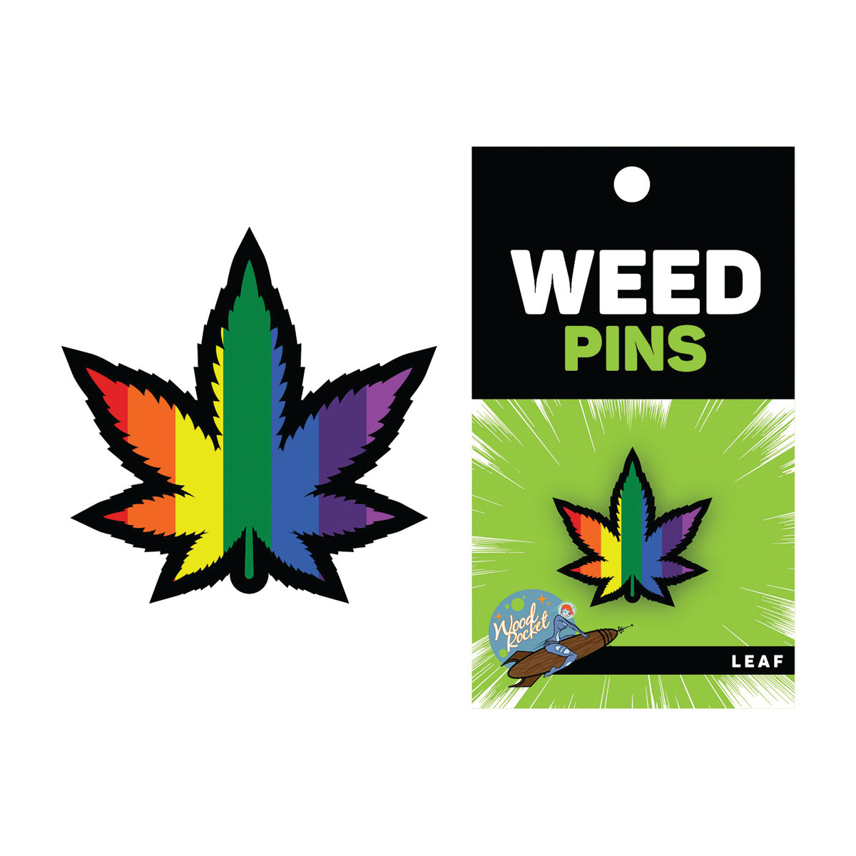 Wood Rocket Rainbow Marijuana Leaf Pin