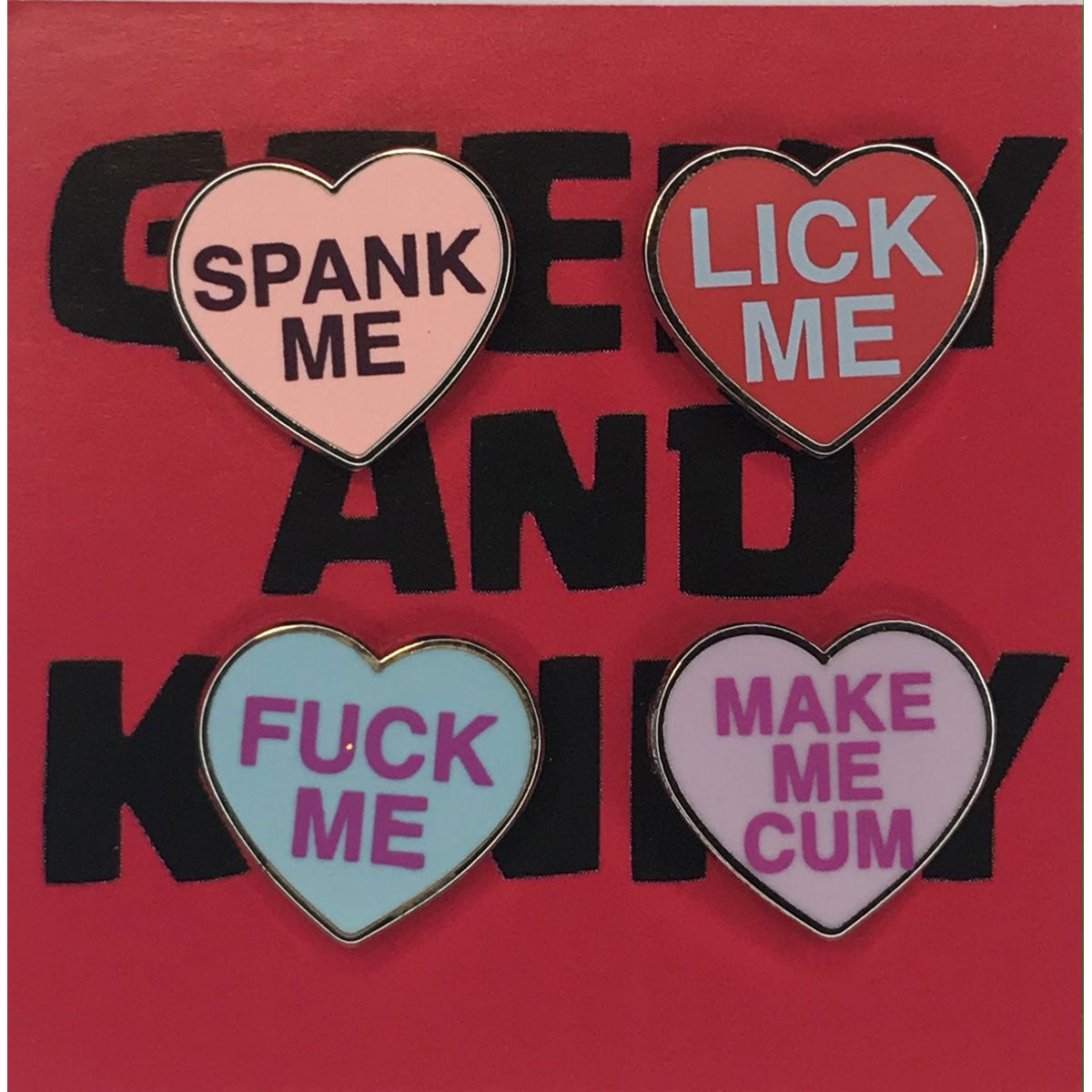Geeky & Kinky Heart Pin 4pk (Spank Me - Lick Me - Fuck Me - Make Me Cum)